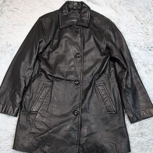111 State Jacket Womens S Black Leather Coat Button Up Pockets Preppy Softshell